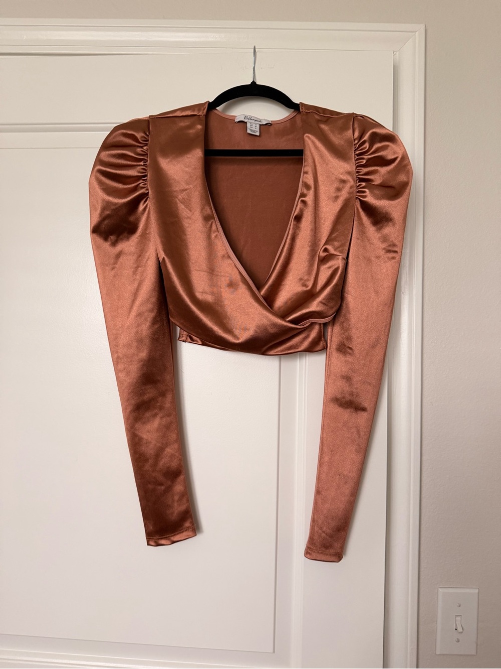 Revamped Satin Rust Puff-Sleeve Long-Sleeve Wrap Top